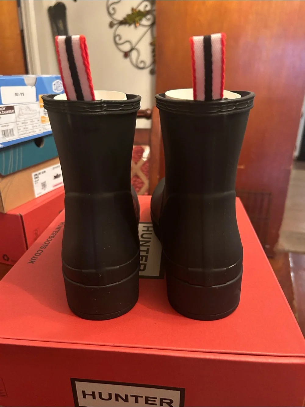 Hunter Matte Black Short Rain Boots with Red-Trim Pull Tabs